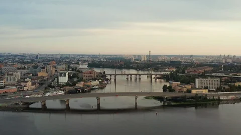 Flying a drone over the Dnieper in Kiev with a view of the capital Stock Footage 117166751