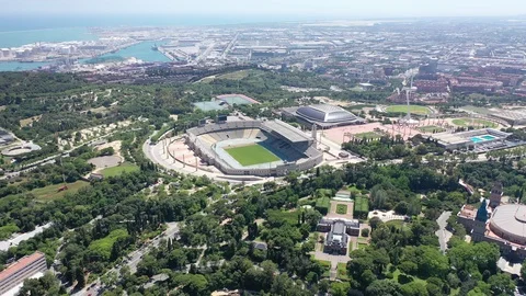 Flying with Drone over Estadi Olímpic de Montjuïc in City Barcelona | 4k Stock Footage 110910317