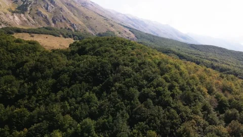 Flying a drone over a green forest in the mountains. Abruzzo region Italy Stock Footage 252198472