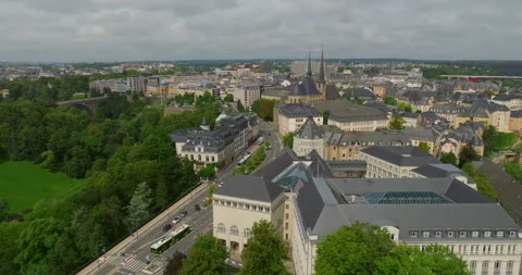 Flying a drone over the historical center of Luxembourg city in summer Video stock 253604516