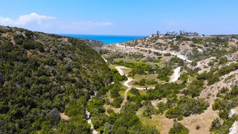 Flying on drone over the mountains of Cyprus near the sea. Avakas Reserve Video stock 110858404