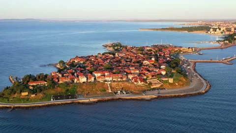 Flying drone over Nesebar island city on Bulgaria Black Sea coast, medieval M Stock Footage 201409713