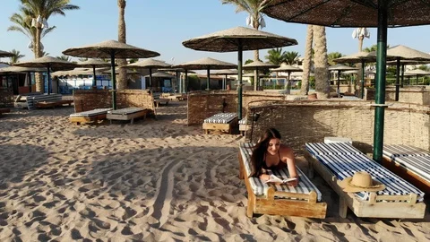 Flying drone over palm trees and beautiful girl reading a book Stock Footage 129251869