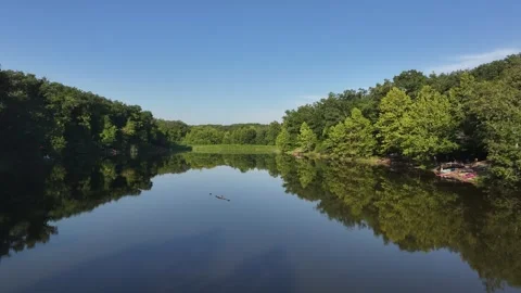 Flying a drone over a quiet small lake in the summer in Missouri. Stock Footage 280931292