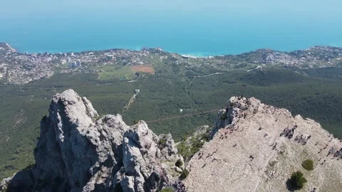 Flying on a drone over the rocks of Ai Petri Stock Footage 256755599