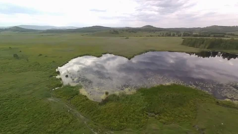 Flying drone over a small lake with reeds. Stock Footage 113967165