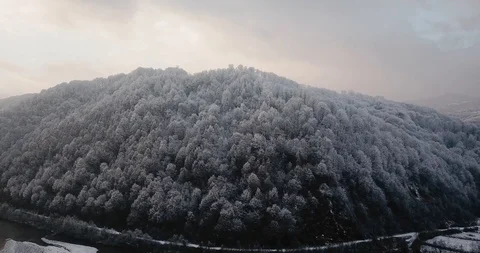 Flying drone over snowy trees in beautiful mountains in the fog 動画素材 122602752