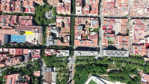 Flying with Drone over Streets and Houses in City Barcelona | 4k Stock Footage 110907755