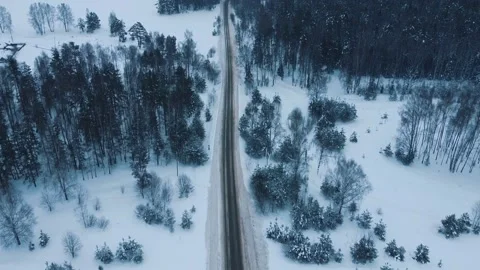 Flying a drone over a winter road and forest Video stock 169344572