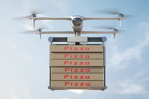 Flying drone with pizza boxes Stock Photos