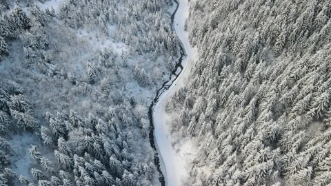 Flying a drone- river, winter road forest trees covered with snow Aerial view 4k Stock Footage 220615563