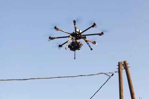Flying drone with sky and clouds background 스톡 사진
