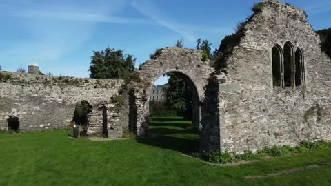 Flying drone through castle ruins. Abbey Grounds Wicklow Ireland. Cinematic shot Stock Footage 168199685