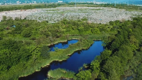 Flying drone view over green trees and rivers turning into huge city dump with Stock Footage 278272251