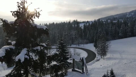 Flying drone in winter landscape 4 Stockbeeldmateriaal 153806885