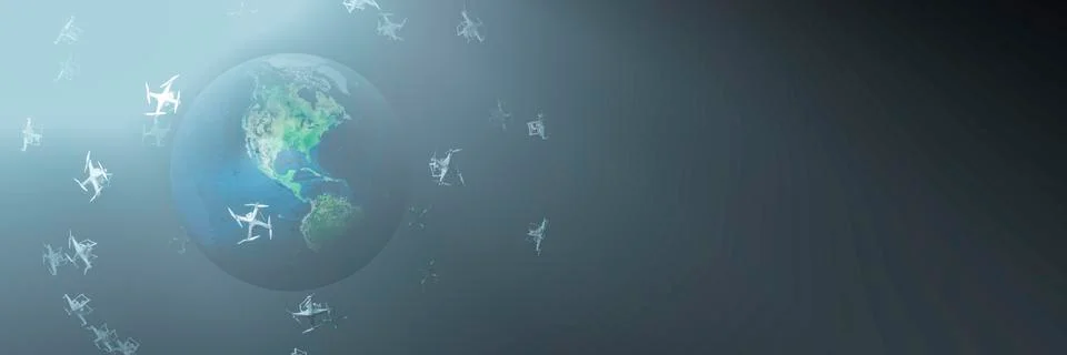 Flying drones and earth globe Stock Illustration
