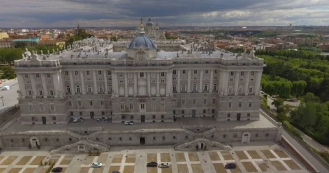 Flying drones over the royal palace in Madrid Spain Stock Footage 96103817