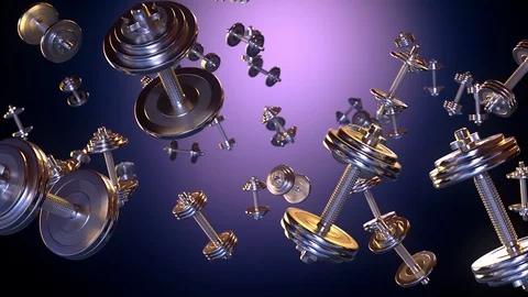 Flying dumbbells in cold-warm lighting. Purple-blue background. Stock Footage 112976841