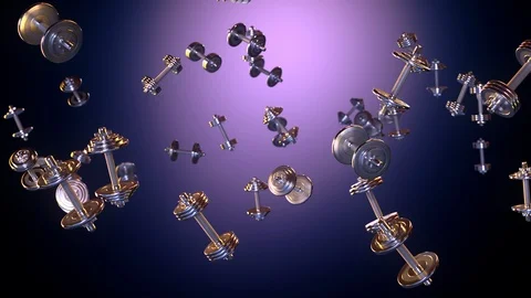 Flying dumbbells in cold-warm lighting. Purple-blue background. Stock Footage 112980044