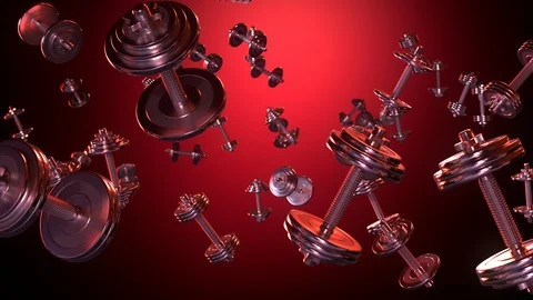 Flying dumbbells in red lighting. Red background. Stock Footage 112064726