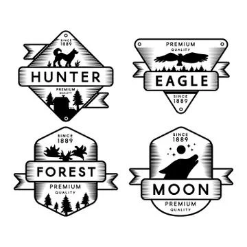 Flying Eagle and Hunter, Moon and Forest Set Logo Ilustração Stock