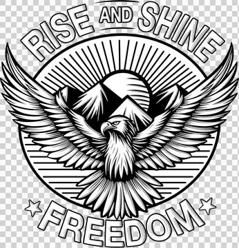 Flying Eagle Illustration on White Background. Rise and Shine, Freedom Words. Illustrazione stock