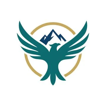 Flying Eagle Logo Design with Mountain Adventure Freedom Prestige Badge Stock Illustration