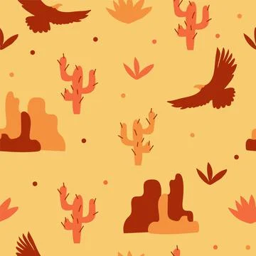 Flying eagle, mountains and cacti in the desert. Seamless pattern Illustrazione stock