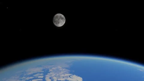 Flying in Earth orbit to a passing moon Stock Footage 270715906