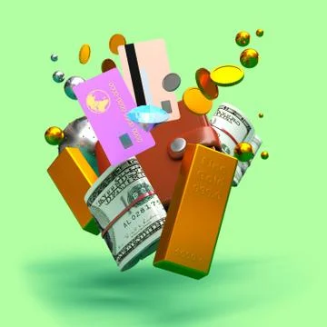 Flying elements of banking services and values. -3D rendering Stock Illustration