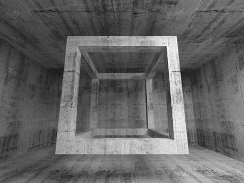 Flying empty beam cube in abstract 3d concrete room interior Stock Illustration