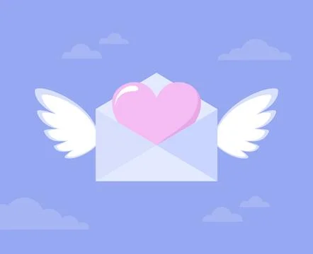 Flying envelope with pink heart inside and wings on a purple background Stock Illustration