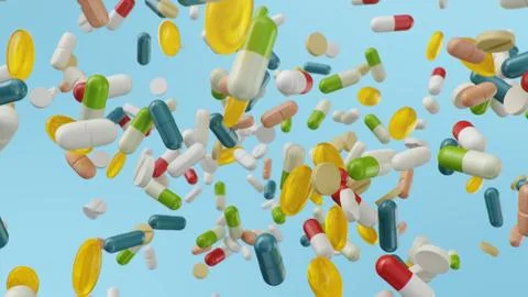 Flying, falling pills. different colored tablets, capsules. Health care concept Stock Illustration