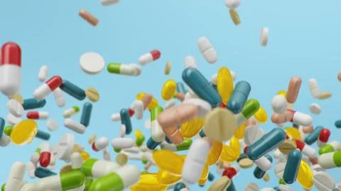 Flying, falling pills. different colored tablets, capsules. Health care concept Stock Illustration