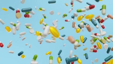 Flying, falling pills. different colored tablets, capsules. Health care concept Stock Illustration