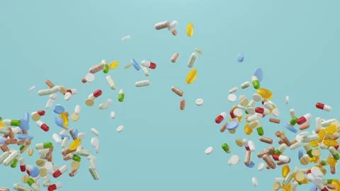 Flying, falling pills. different colored tablets, capsules. Health care concept Stock Illustration