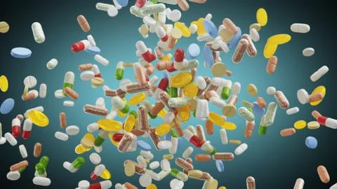 Flying, falling pills. different colored tablets, capsules. Health care concept Stock Illustration