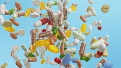 Flying, falling pills. different colored tablets, capsules. Health care concept Stock Illustration