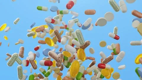 Flying, falling pills. different colored tablets, capsules. Health care concept Stock Illustration