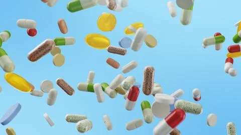 Flying, falling pills. different colored tablets, capsules. Health care concept Stock Illustration