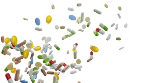 Flying, falling pills. different colored tablets isolate on white background Stock Illustration