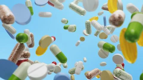 Flying, falling pills. different colored tablets, capsules. Health care concept Stock Illustration