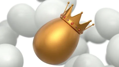 Flying of farm white chicken eggs and unique gold egg in royal king crown 库存插图