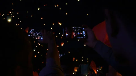 Flying Fire Lanterns People Smartphone Stock Footage 65015433