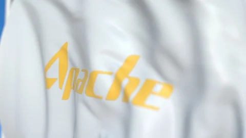 Flying flag with Apache Corporation logo, close-up. Editorial loopable 3D Video stock 114978007