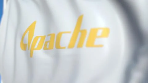 Flying flag with Apache Corporation logo, close-up. Editorial 3D rendering Stockillustratie