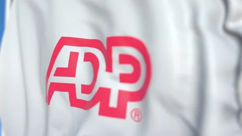 Flying flag with Automatic Data Processing logo, close-up. Editorial 3D 库存插图