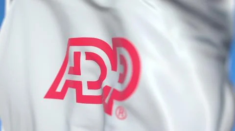 Flying flag with Automatic Data Processing logo, close-up. Editorial 3D Illustrazione stock