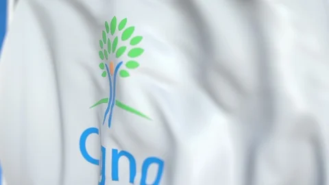 Flying flag with Cigna logo, close-up. Editorial loopable 3D animation Stock Footage 115077185