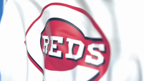 Flying flag with Cincinnati Reds team logo, close-up. Editorial loopable 3D Stock Footage 114167753